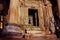 Inside Shive temple in Khajuraho, India. Artworks and altar with statuette of god in the 10th century hindu temple