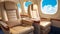 Inside of a small business jet. Interior of luxury private airplane with empty leather chairs