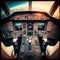 The inside view of an airplane cockpit, modern aircraft\\\'s flight deck. Generated by AI