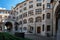 Inside view of the courtyard of Fraumunster church and the Katharina von Zimmern memorial in Zurich city Switzerland. Wide angle