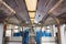 Inside The Wagon Train Germany, Dusseldorf. Empty train interior. interior view of corridor inside passenger trains with blue