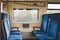 Inside The Wagon Train Germany, Dusseldorf. Empty train interior. interior view of corridor inside passenger trains with blue