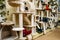 Inside zooshop, shelves with accessories for cats