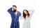 Insomnia effects. Sleepy people white background. Couple in love bathrobes. Sleep disorders. Drowsy and weak in morning