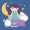 Insomnia, sleepless girl on bed with sheep clock moon stars night