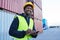 Inspection, logistics and black man thinking of delivery, stock and shipping cargo while working at a port. African