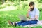 Inspiration for blogging. Blogger becoming inspired by nature. Man bearded with laptop nature background. Blogger create