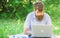 Inspiration for blogging. Looking for inspiration. Blogger becoming inspired by nature. Man bearded with laptop sit