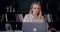 Inspiration concept, portrait of beautiful happy young blonde writer woman using laptop at loft coffee shop slow motion.