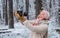 Inspiration create something special. Spend day outdoors. Girl with vintage camera in snowy nature. Traveling concept