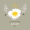 Inspirational kitchen. Illustration as a child`s drawing a fried egg breakfast with wings and a crown. Funny picture drawn by penc