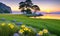 Inspirational Nature. A serene landscape photograph of a peaceful meadow at sunrise with a single flower