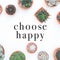 Inspirational quote `Choose Happy`. Cactus plant on white background.