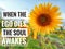 Inspirational quote - When the ego dies, the soul awakes. Beautiful sunflower blossom in the field on blue sky background.