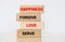 Inspirational single kind word on wooden blocks about happiness, forgive, love and serve