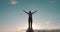 Inspired bearded active man stands on tip of nose of fighter combat aircraft with arms outstretched against sky and