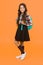 Inspired for studying. Good clothes for successful academic year. Teen fashion. Schoolgirl modern clothes with cute