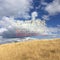 Inspiring colourful text on landscape image of grass field with white clouds and blue sky