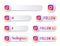 Instagram Buttons Collection with Multicolor Logo. White Social Media Tags Set with Modern Icons, Symbol, Sing, Banner. 3D Round