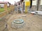 Installed plastic septic tank in the house backyard. Septic tank systems outdoor