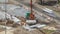 Installing concrete plates by crane at road construction site timelapse.