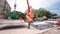 Installing concrete plates by crane at road construction site timelapse hyperlapse.