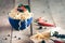 Instant noodles in a bowl with chili pepper and lime leaves