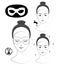 Instruction: How to apply anti wrinkles eye mask. Skincare. Black and white vector illustration.