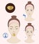 Instruction: How to apply cosmetic patches on a chin. Golden patches. Skincare. Vector isolated illustration.