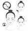 Instruction: How to apply cosmetic patches under the eyes. Skincare. Black and white vector illustration.