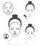 Instruction: How to apply facial sheet mask. Skincare. Vector isolated black and white illustration. Line art.