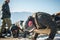 Instructor and army soldiers have hard training and doing push-ups