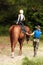 The instructor helps the girl to saddle a brown horse in the forest. Children`s equestrian camp. Summer sports camp for children.