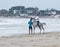 Instructor trains a young man to ride a horse on the shore of the Mediterranean Sea near the city Acre in Israel