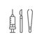 Instruments for surgery, medical scalpel, tweezers, clamp and syringe line icon.