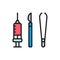 Instruments for surgery, medical scalpel, tweezers flat color line icon.
