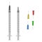 Insulin syringe 0.5 ml with various color hypodermic needles on white background, medical single use syringe vector EPS 10