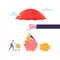 Insurance Agent Holding Umbrella Over Money. Financial Protection Concept with Character Woman Collecting Golden Coins