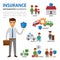 Insurance broker infographic elements, vector flat illustration on white background. Protection of people in difficult