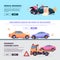 Insurance cars banners. Accident on road with damaged vehicles traffic car elements garish vector templates with place