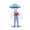 Insurance Coverage concept. Senior man with Big Heart Shielded with Umbrella of Security. Flat vector cartoon illustration