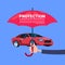 Insurance service hand umbrella protective car on blue background flat copy space