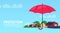 Insurance service hand umbrella protective tractor farm agriculture on blue background flat copy space banner