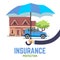 Insurance vector flat safe concept with hand holding umbrella over house and car