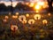 Intact dandelion - spore Pappus at dusk. Low angle photographic exquisite detail.Generative AI