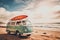 intage van on the beach (seaside) with a surfboard on the roof, summertime. retro color effect, generative AI