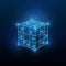Intelligence and tech innovations. Glowing polygonal Rubik cube on dark blue background, illustration