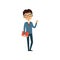 Intelligent teacher or student holding book and waving by hand. Cartoon nerd character in glasses and elegant blue suit