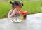 Intend Asian kid girl paint on earthenware dish