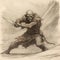 Intense Action Drawing Of A Troll With A Knife In Sepia Tone